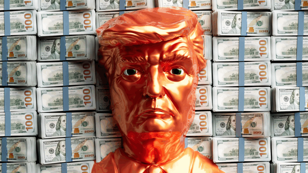 A gilded trump head on top of $100 bills.